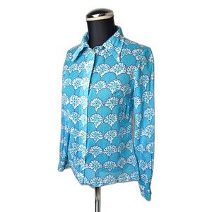 Vintage Swedish Sheer Turquoise Floral Print Long Sleeve Shirt - Women's 40 EU